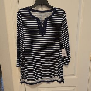 Croft & Barrow Navy & White Striped Lace-Up Women's Top